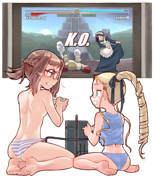 nakamura tetsuya, console, bad id, bad pixiv id, 2girls, ass, barefoot, drill hair, feet, fighting game, game console, glasses, multiple girls, panties, playing, playing games, sitting, striped clothes, striped panties, topfreedom, topless female, underwear, video game, x68000