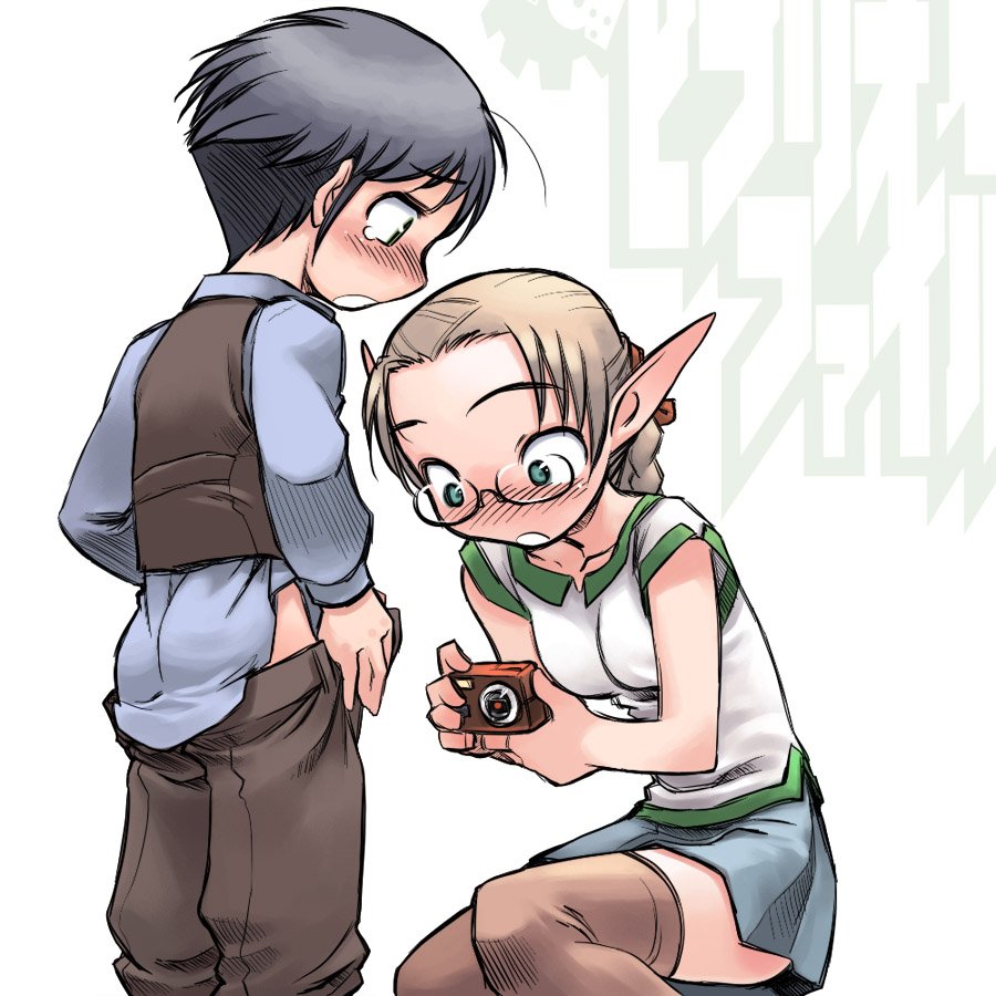 nakamura tetsuya, mutsumi golem bibliophile, original, bad id, bad pixiv id, 1boy, 1girl, blush, braid, brown hair, camera, clothed female nude male, clothes pull, glasses, green eyes, long hair, nude, open fly, pants, pants pull, pointy ears, shota, tears, thighhighs, unzipped, zettai ryouiki