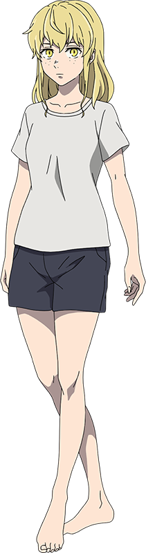 tanino miho, rachel (tower of god), tower of god, official art, 1girl, anime coloring, barefoot, black shorts, blonde hair, closed mouth, collarbone, freckles, full body, long hair, looking at viewer, shirt, shorts, sidelocks, simple background, solo, standing, t-shirt, tachi-e, thighs, transparent background, white shirt, yellow eyes
