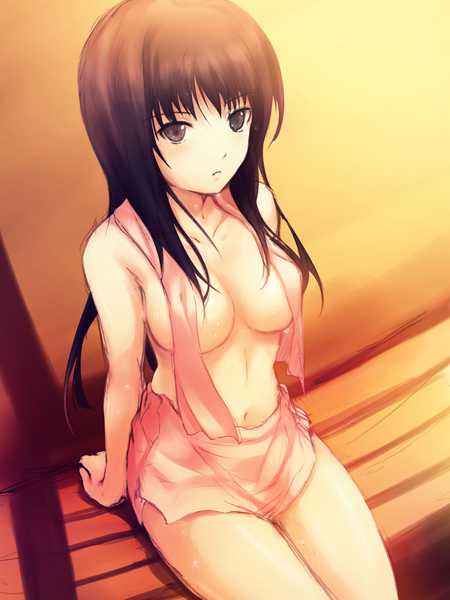 coffee-kizoku, original, 1girl, black hair, breasts, brown eyes, brown hair, cleavage, female focus, large breasts, sitting, solo, topless female, towel