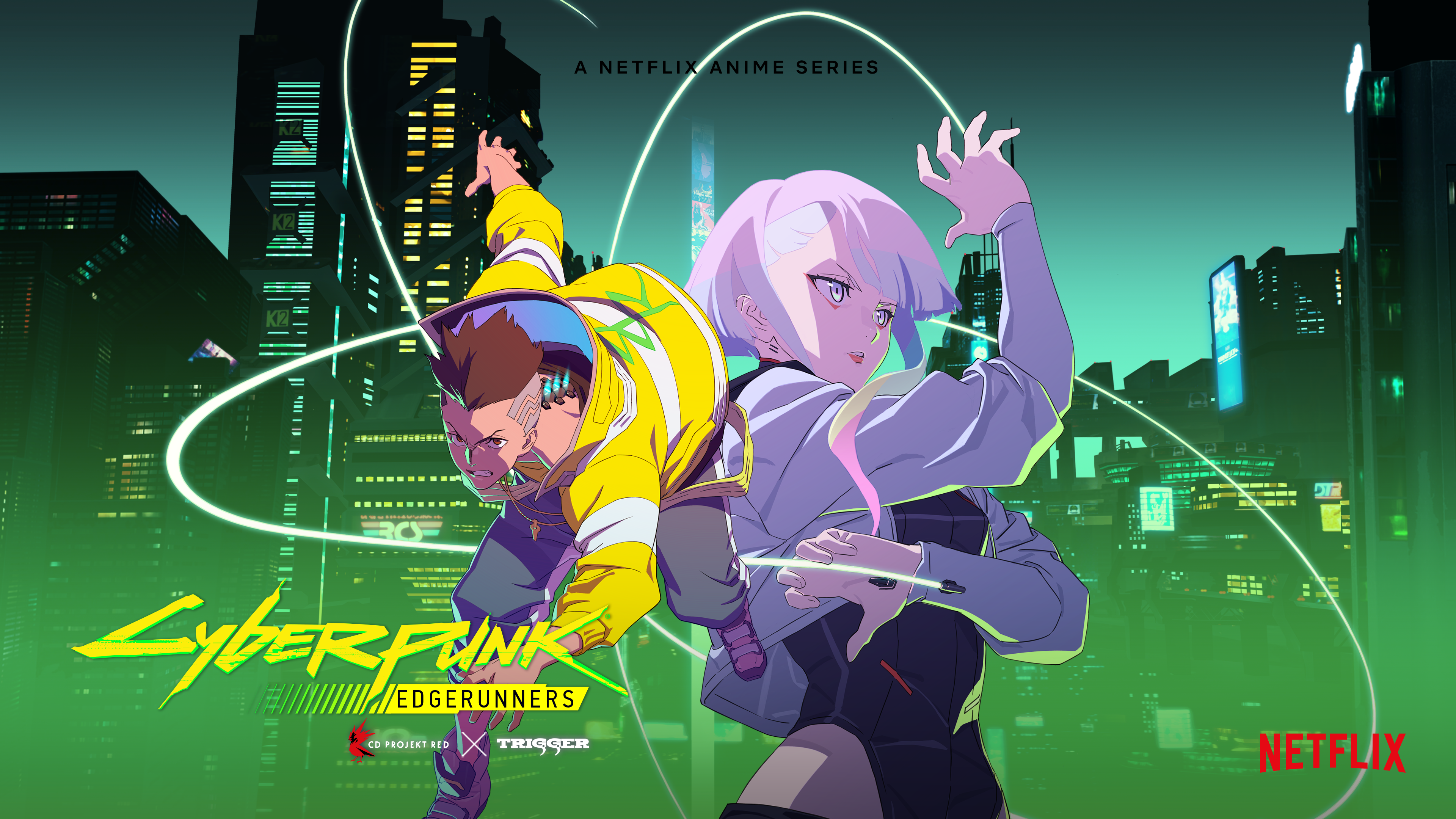 yoshinari you, david martinez, lucy (cyberpunk), cyberpunk: edgerunners, cyberpunk (series), netflix, trigger (company), absurdres, commentary, english commentary, highres, official art, 1boy, 1girl, 2022, arm up, asymmetrical bangs, asymmetrical hair, asymmetrical sidelocks, belt, belt buckle, black belt, blonde hair, blue leotard, blue pants, blunt ends, brown eyes, brown hair, buckle, character name, cityscape, clenched teeth, clothing cutout, company name, copyright name, cropped jacket, curled fingers, english text, eyelashes, eyeliner, green sky, highleg, highleg leotard, hip vent, jacket, leaning forward, leotard, logo, long sidelocks, long sleeves, looking at viewer, makeup, mechabare, monowire, multicolored hair, open clothes, open jacket, pants, parted lips, pink hair, purple eyes, purple hair, purple shoes, red eyeliner, release date, shoes, short hair with long locks, short shorts, shorts, sidelocks, sky, sneakers, spiked hair, teeth, undercut, white hair, white jacket, white shorts, yellow jacket