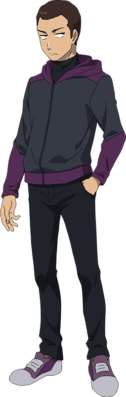 tanino miho, shibisu (tower of god), tower of god, official art, 1boy, anime coloring, black eyes, black pants, black shirt, brown hair, closed mouth, collared shirt, full body, grey jacket, hand in pocket, hood, hooded jacket, jacket, long sleeves, looking to the side, multicolored jacket, open hand, pants, purple shoes, shirt, shoes, short hair, simple background, sneakers, solo, standing, tachi-e, transparent background, two-tone jacket, v-shaped eyebrows, very short hair
