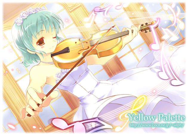 takeda mika, original, 1girl, aqua hair, beamed quavers, bow (music), dress, female focus, instrument, music, musical note, musical staff, one eye closed, playing instrument, quaver, solo, treble clef, violin, white dress