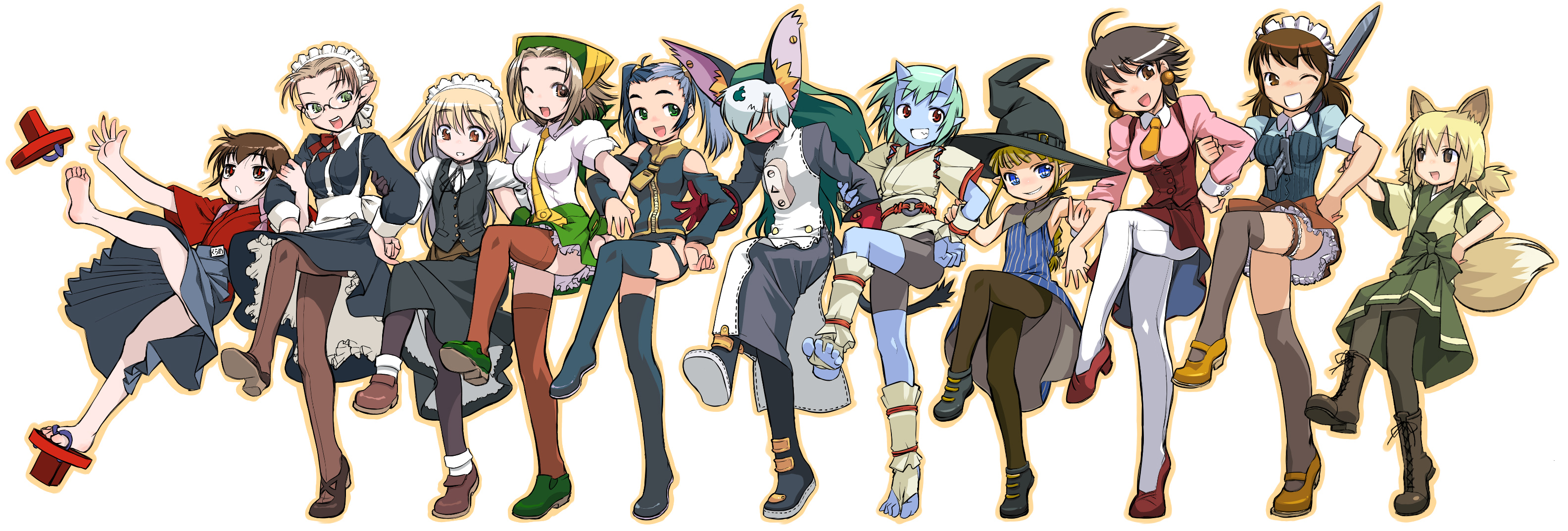 nakamura tetsuya, mutsumi golem bibliophile, original, bad id, bad pixiv id, highres, long image, wide image, 6+girls, animal ears, barefoot, blue skin, colored skin, dancing, everyone, falling, feet, full body, glasses, hat, horns, japanese clothes, long hair, maid, monster girl, multiple girls, one eye closed, panties, pantyhose, pointy ears, simple background, tail, thighhighs, twintails, underwear, wink, witch, witch hat