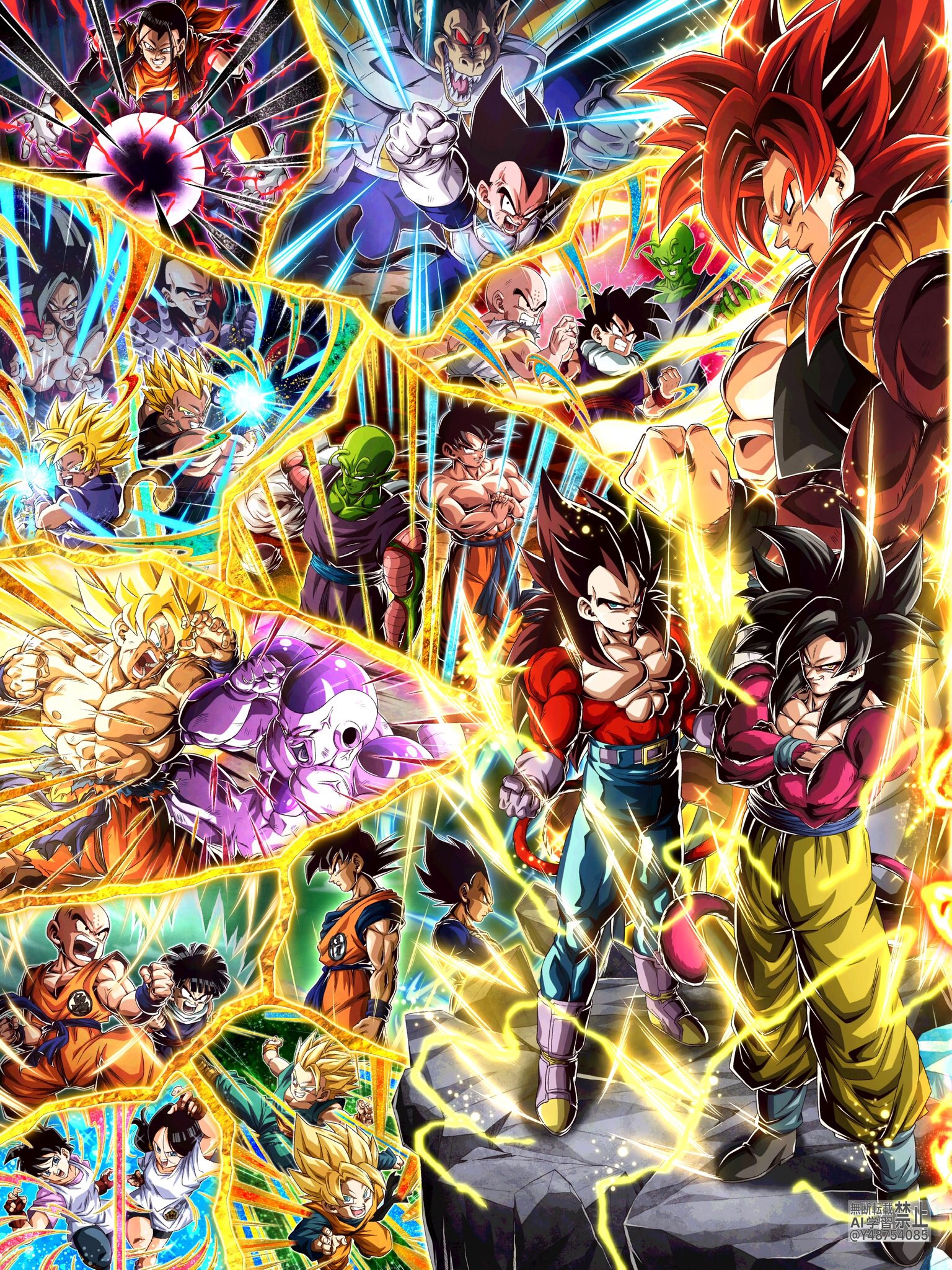 wai (y48754085), frieza, gogeta, piccolo, son gohan, son goku, super android 17, vegeta, dragon ball, dragon ball gt, dragon ball super, dragon ball z dokkan battle, highres, 6+boys, aura, black hair, blue eyes, clenched hands, colored skin, dougi, gloves, jewelry, looking at viewer, male focus, metamoran vest, monkey boy, monkey tail, multiple boys, muscular, muscular male, open mouth, pants, pectorals, smile, spiked hair, super saiyan, super saiyan 1, super saiyan 2, super saiyan 4, tail, teeth, white gloves