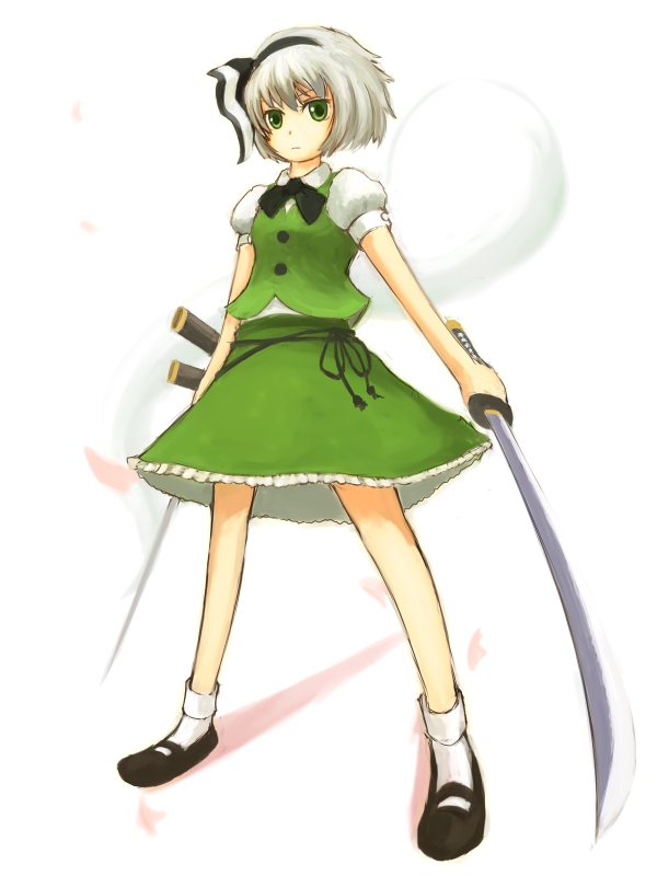 kokotetsu, konpaku youmu, konpaku youmu (ghost), touhou, 1girl, female focus, hitodama, katana, socks, solo, sword, weapon