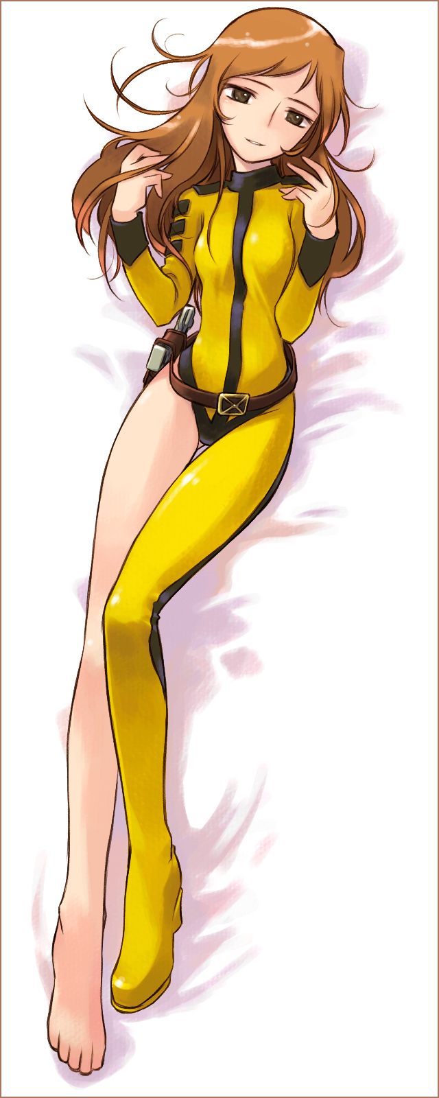 nakamura tetsuya, mori yuki, uchuu senkan yamato, bad id, bad pixiv id, highres, 1970s (style), barefoot, bodysuit, brown eyes, brown hair, feet, formal clothes, legs, long hair, oldschool, retro artstyle, single vertical stripe, solo, suit