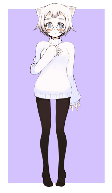 oza watto, original, animal ears, blue eyes, blush, glasses, pantyhose, short hair, simple background, solo, sweater, white hair