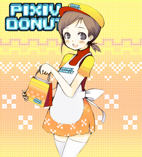 oza watto, pixiv, 1girl, apron, bag, black eyes, blush, brown hair, cowboy shot, donut, female focus, food, hat, looking at viewer, open mouth, short hair, solo, thighhighs, turtleneck, white thighhighs, zettai ryouiki