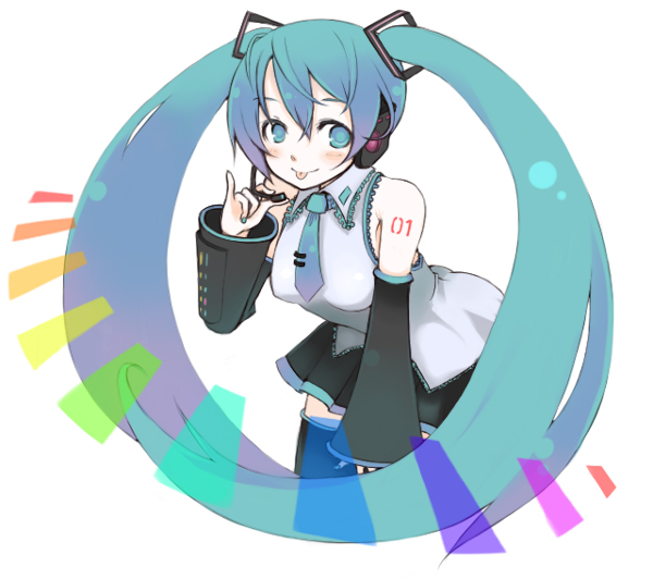 oza watto, hatsune miku, vocaloid, :p, blue eyes, blue hair, detached sleeves, long hair, necktie, solo, thighhighs, tongue, tongue out, twintails