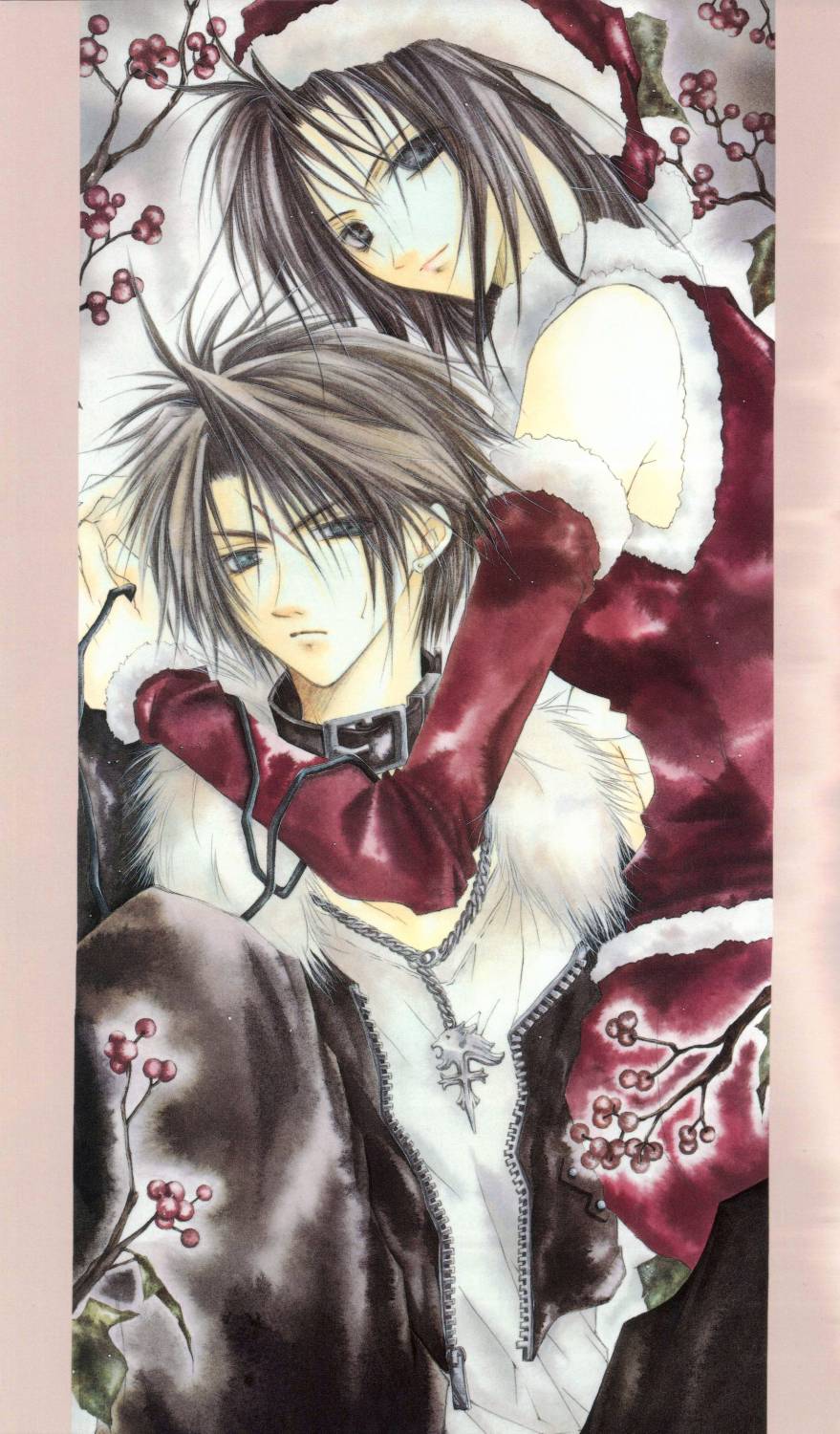 azumi tooru, tooru azumi, rinoa heartilly, squall leonhart, final fantasy, final fantasy viii, highres, 1990s (style), 1boy, 1girl, belt, black eyes, black hair, brown hair, buckle, choker, christmas, couple, elbow gloves, expressionless, fur trim, gloves, green eyes, hat, long sleeves, looking at viewer, looking back, pillarboxed, santa hat