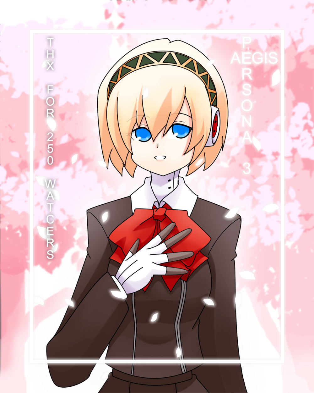 ines pramesti, aigis (persona), atlus, persona, persona 3, highres, android, blonde hair, blossom, blue eyes, cherry blossoms, solo