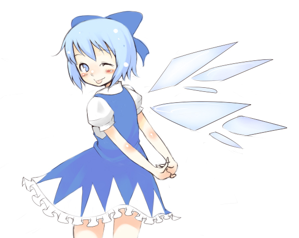oza watto, cirno, embodiment of scarlet devil, touhou, bad id, bad pixiv id, 1girl, :p, ;p, blue hair, bow, female focus, one eye closed, short hair, smile, solo, tongue, tongue out, wings, wink