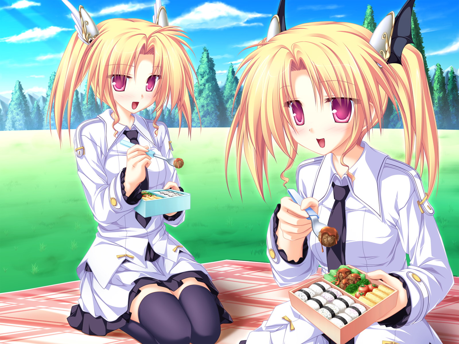 tenmaso, nina geminis, rena geminis, magus tale, game cg, highres, 2girls, bento, blonde hair, blush, day, eating, feeding, food, hair ornament, happy, incoming food, multiple girls, outdoors, picnic, pink eyes, pov, pov feeding, red eyes, seiza, siblings, sisters, sitting, thighhighs, twins, twintails, zettai ryouiki