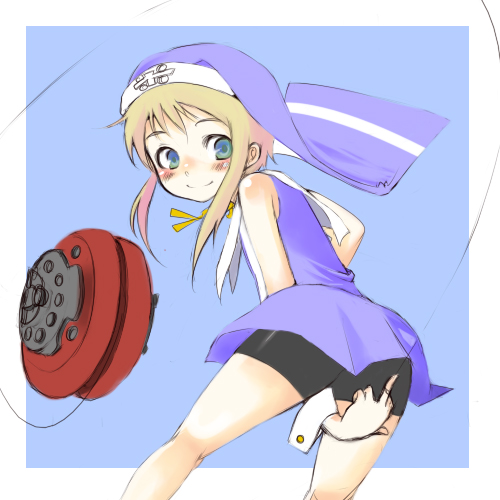 oza watto, bridget (guilty gear), arc system works, guilty gear, guilty gear xx, bad id, bad pixiv id, lowres, 1boy, bike shorts, blonde hair, blush, male focus, smile, solo, trap, yo-yo