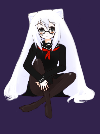 oza watto, original, blush, glasses, long hair, pantyhose, school uniform, serafuku, sitting, smile, solo, white hair