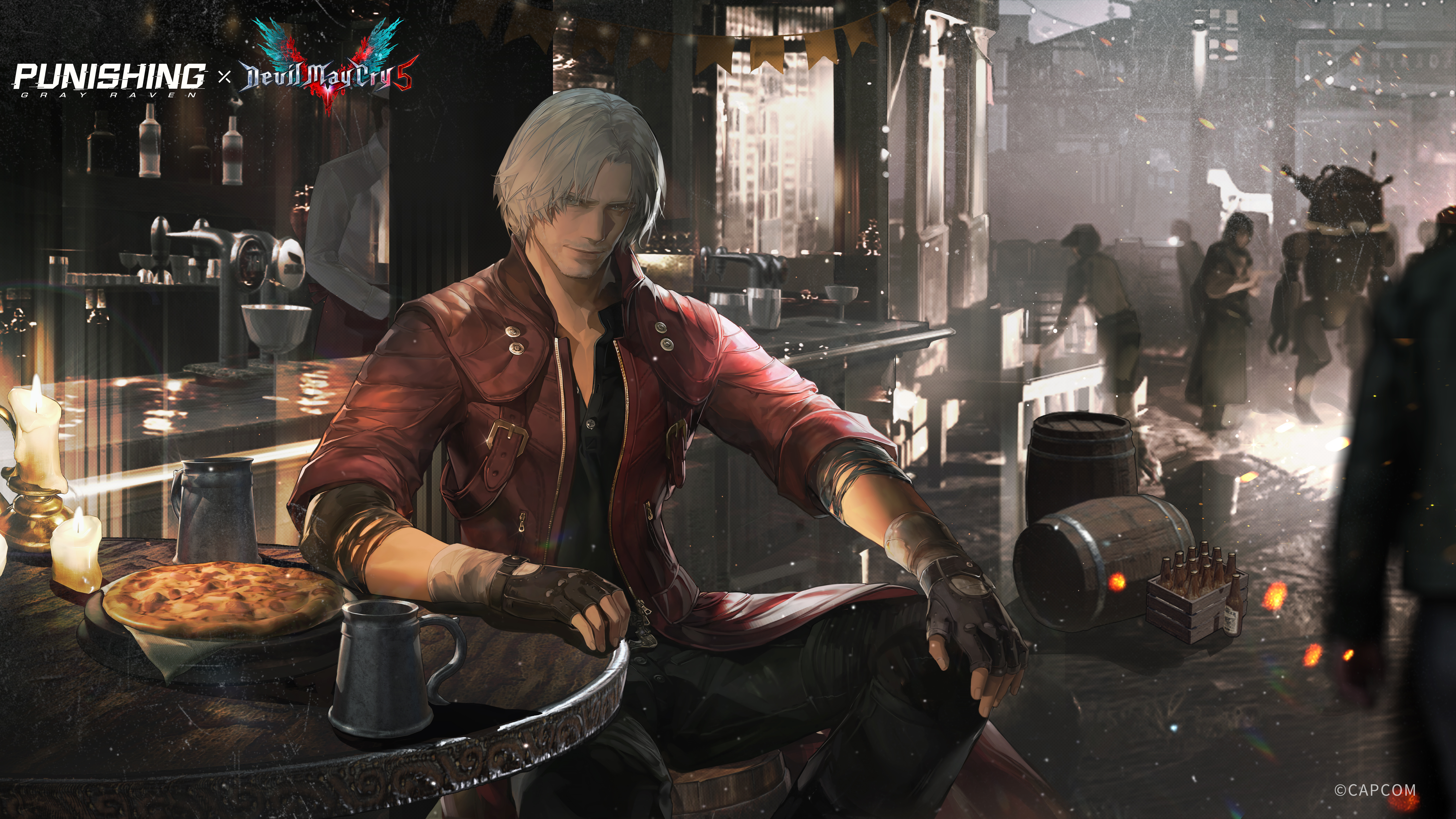 dante (devil may cry), devil may cry (series), devil may cry 5, punishing: gray raven, absurdres, highres, official art, black gloves, blue eyes, coat, fingerless gloves, food, gloves, jacket, looking at viewer, male focus, medium hair, multiple boys, pizza, red coat, shirt, sitting, smile, white hair
