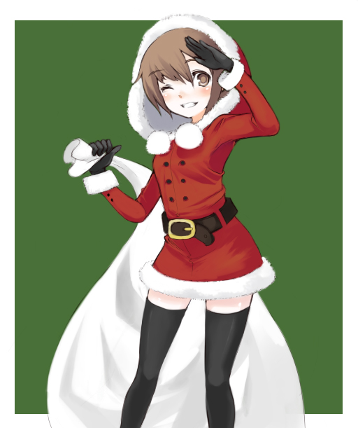 oza watto, original, bad id, bad pixiv id, christmas, hood, one eye closed, salute, santa costume, simple background, solo, thighhighs, wink