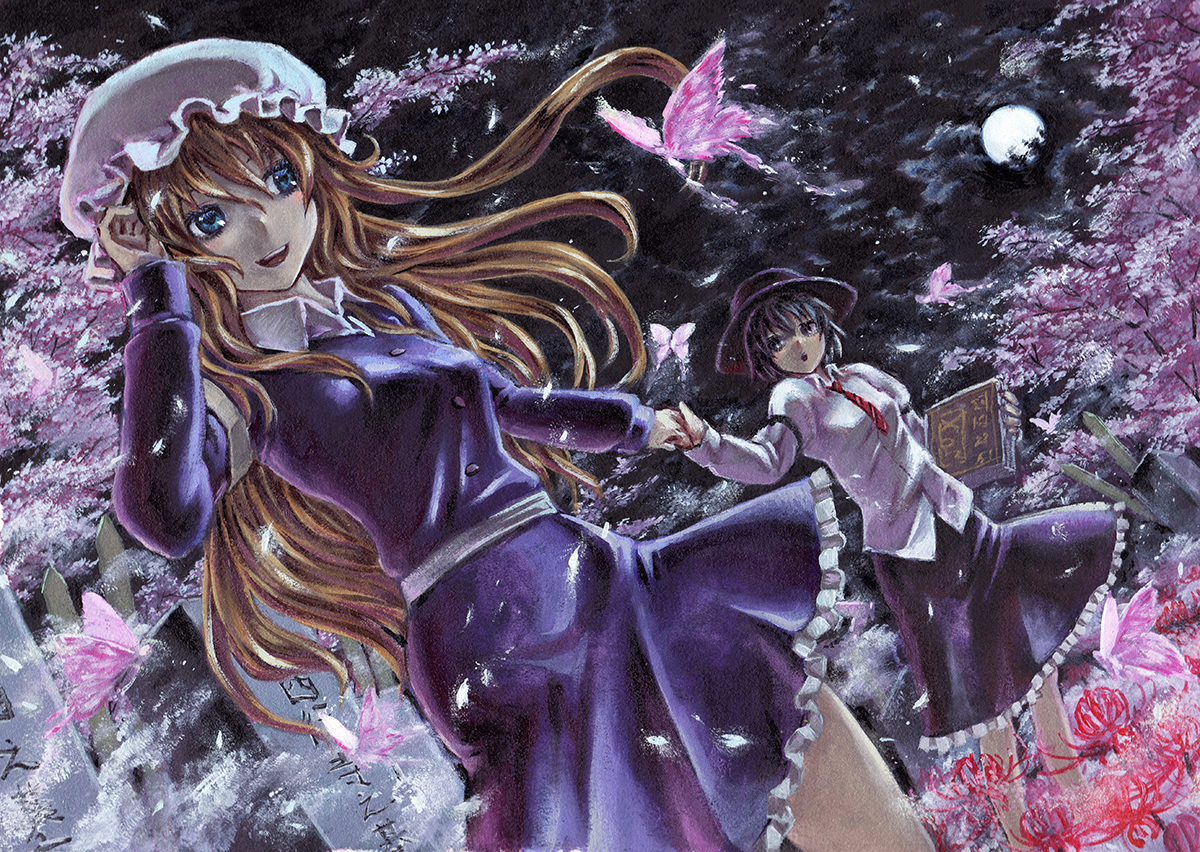 kabaji, maribel hearn, usami renko, ghostly field club, touhou, oil painting (medium), painting (medium), traditional media, 2girls, black hair, black skirt, blonde hair, blue eyes, bug, butterfly, cloud, cloudy sky, dress, flower, graveyard, hat, holding hands, insect, long hair, moon, multiple girls, necktie, night, purple dress, shirt, short hair, skirt, sky, spider lily, tombstone, white shirt, wisteria