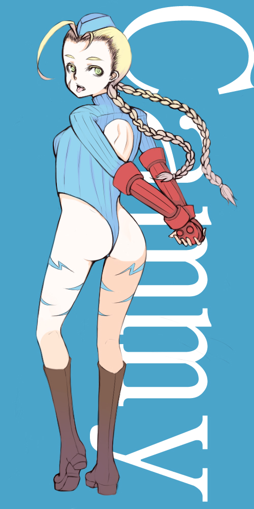 oza watto, cammy white, capcom, street fighter, bad id, bad pixiv id, 1girl, ass, back, blonde hair, blue leotard, boots, braid, female focus, garrison cap, green eyes, hat, leotard, long hair, looking back, oza watta, solo, tongue, twin braids