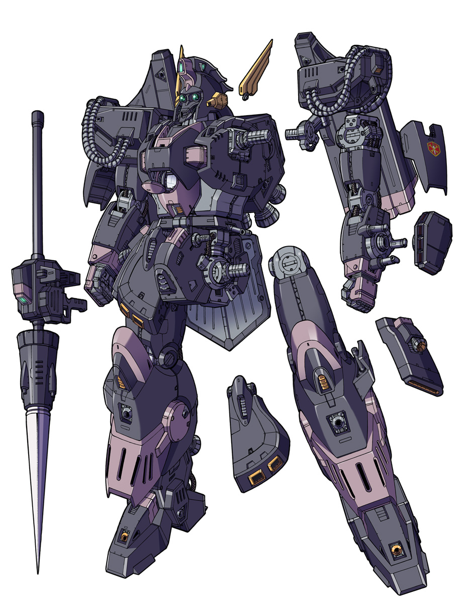 s.shimizu, berga giros, comiket 93, gundam, gundam f91, highres, cable, crossbone vanguard, emblem, logo, machinery, mecha, mecha focus, mobile suit, no humans, robot, roundel, science fiction, shot lancer, white background