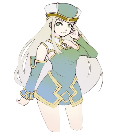 oza watto, freya (valkyrie profile), valkyrie profile (series), lowres, 1girl, cowboy shot, cropped legs, detached sleeves, female focus, green eyes, hat, long hair, solo