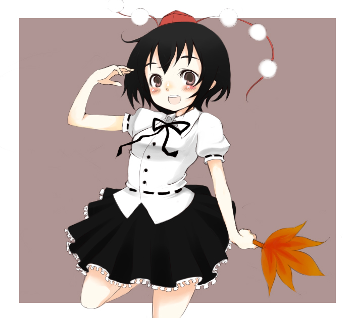 oza watto, shameimaru aya, touhou, bad id, bad pixiv id, 1girl, black hair, blush, female focus, happy, hat, leaf, looking at viewer, open mouth, short hair, smile, solo