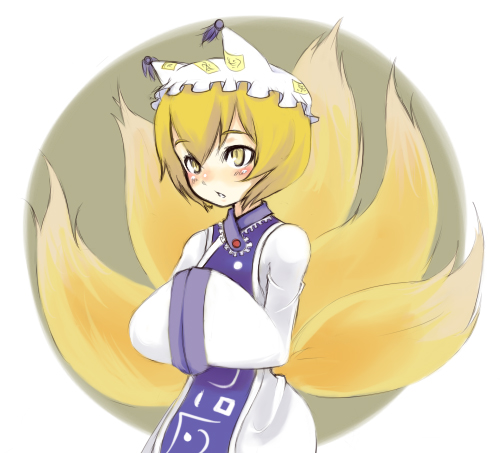 oza watto, yakumo ran, touhou, bad id, bad pixiv id, lowres, 1girl, animal hat, blonde hair, blush, female focus, fox tail, hands in opposite sleeves, hat, long sleeves, mob cap, multiple tails, short hair, solo, surcoat, tail, tassel, wide sleeves, yellow eyes
