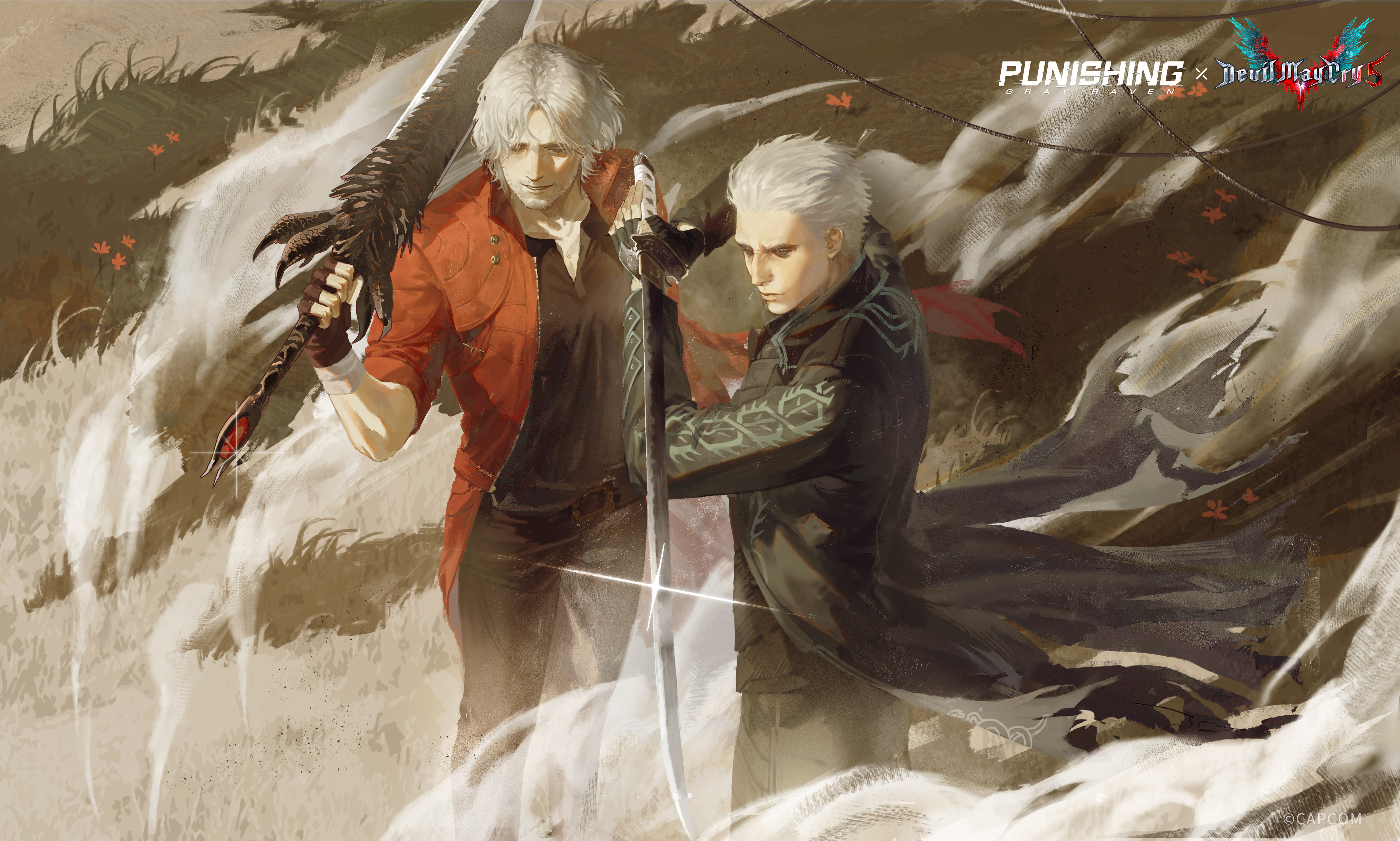 dante (devil may cry), vergil (devil may cry), devil may cry (series), devil may cry 5, punishing: gray raven, absurdres, highres, official art, 2boys, black coat, blue eyes, blue vest, brothers, coat, crossover, devil sword dante, fighting stance, fingerless gloves, gloves, hair slicked back, holding, holding sword, holding weapon, male focus, multiple boys, red coat, ruins, siblings, sleeves rolled up, sword, twins, vest, weapon, white hair, yamato (sword)