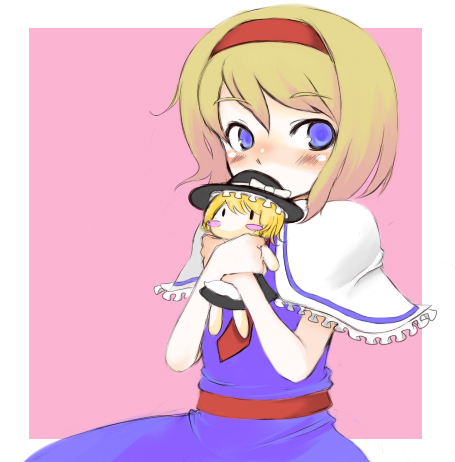 oza watto, alice margatroid, kirisame marisa, touhou, bad id, bad pixiv id, lowres, 1girl, blonde hair, blush, character doll, doll, female focus, hairband, short hair, simple background, solo