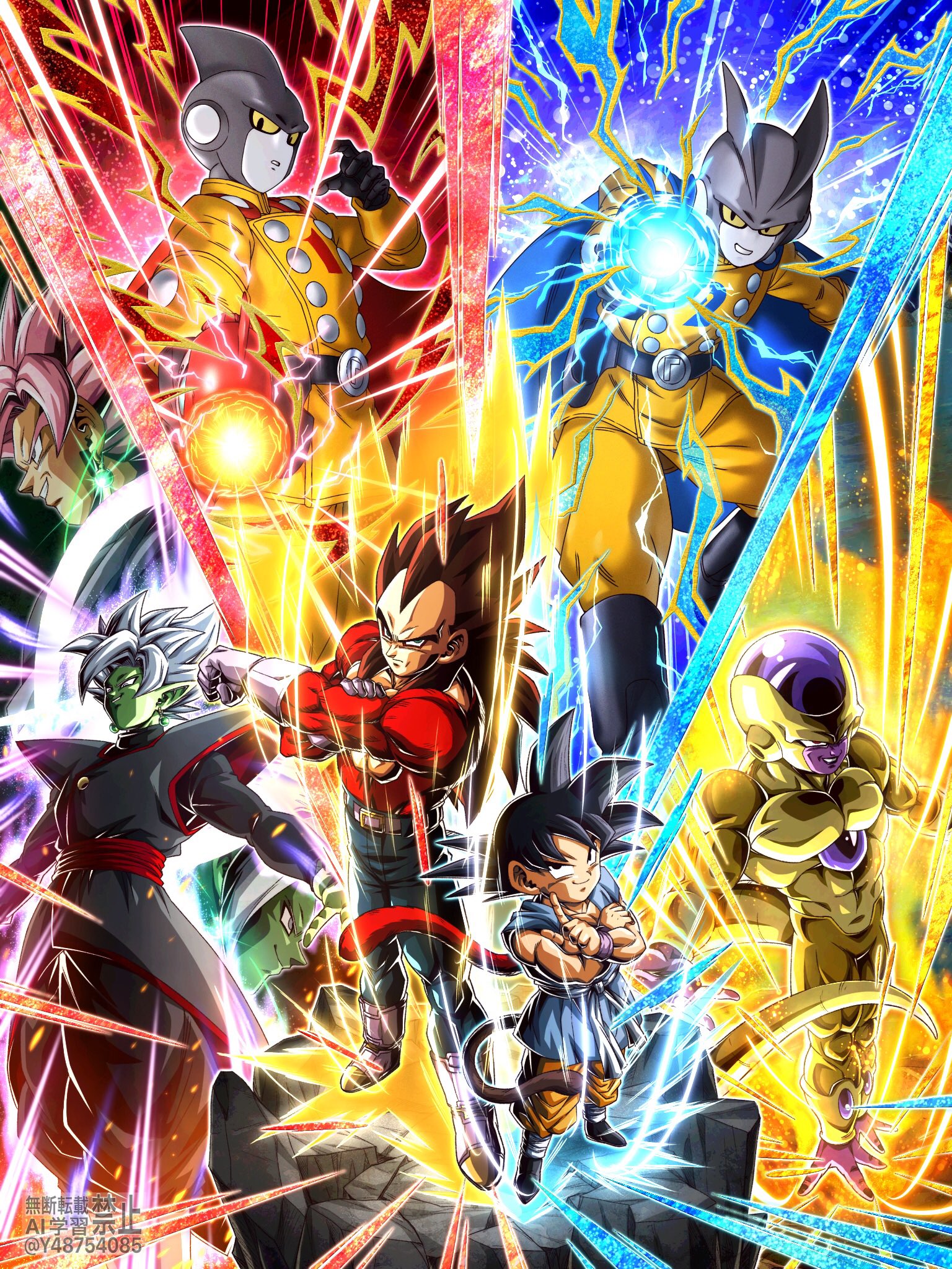 wai (y48754085), frieza, fused zamasu, golden frieza, son goku, vegeta, dragon ball, dragon ball gt, dragon ball super, dragon ball z dokkan battle, highres, 6+boys, aura, black hair, blue eyes, clenched hands, colored skin, dougi, gloves, jewelry, looking at viewer, male focus, monkey boy, monkey tail, multiple boys, muscular, muscular male, open mouth, pants, pectorals, smile, spiked hair, super saiyan, super saiyan 4, tail, teeth