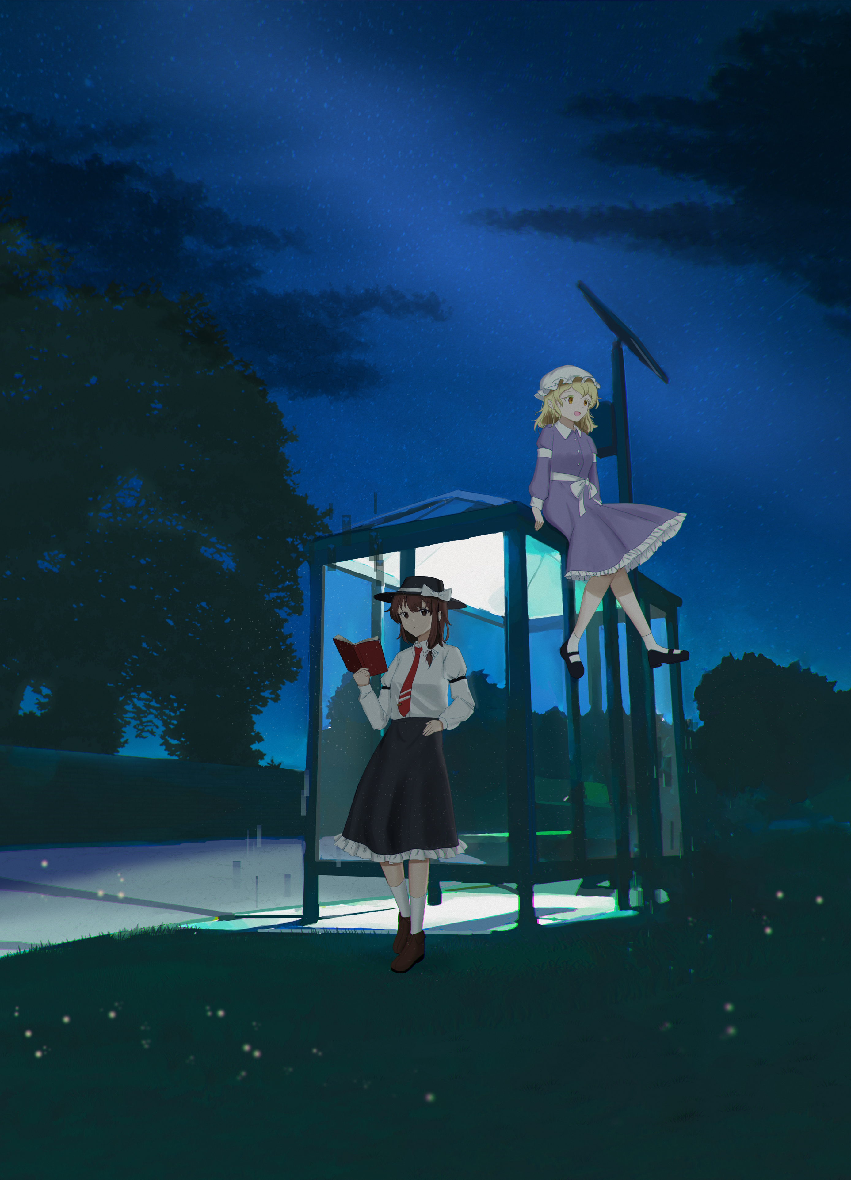 maribel hearn, usami renko, touhou, absurdres, highres, 2girls, black skirt, book, boots, bow, brown boots, brown eyes, brown hair, bus stop, cloud, dress, fedora, grass, hair ribbon, hat, hat bow, holding, holding book, mob cap, multiple girls, necktie, night, night sky, pavement, purple dress, ribbon, sash, shirt, short hair, skirt, sky, socks, tree, white shirt, white socks, yellow eyes, youkimountain