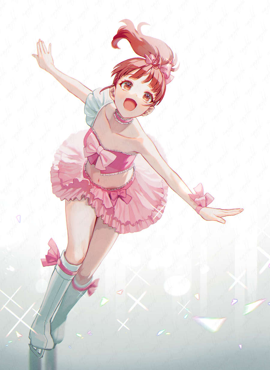 akua, harune aira, pretty rhythm, pretty rhythm aurora dream, pretty series, highres, 1girl, :d, asymmetrical sleeves, bare arms, bow, choker, cropped shirt, detached sleeves, dot nose, frilled choker, frilled skirt, frills, hand up, happy, ice skates, ice skating, legs together, long hair, midriff, miniskirt, navel, open mouth, outstretched arms, pink bow, pink choker, pink ribbon, pink shirt, pink skirt, ponytail, red eyes, red hair, ribbon, shirt, shirt bow, single bare shoulder, skates, skating, skirt, sleeveless, sleeveless shirt, smile, solo, spread arms, straight hair, wrist ribbon