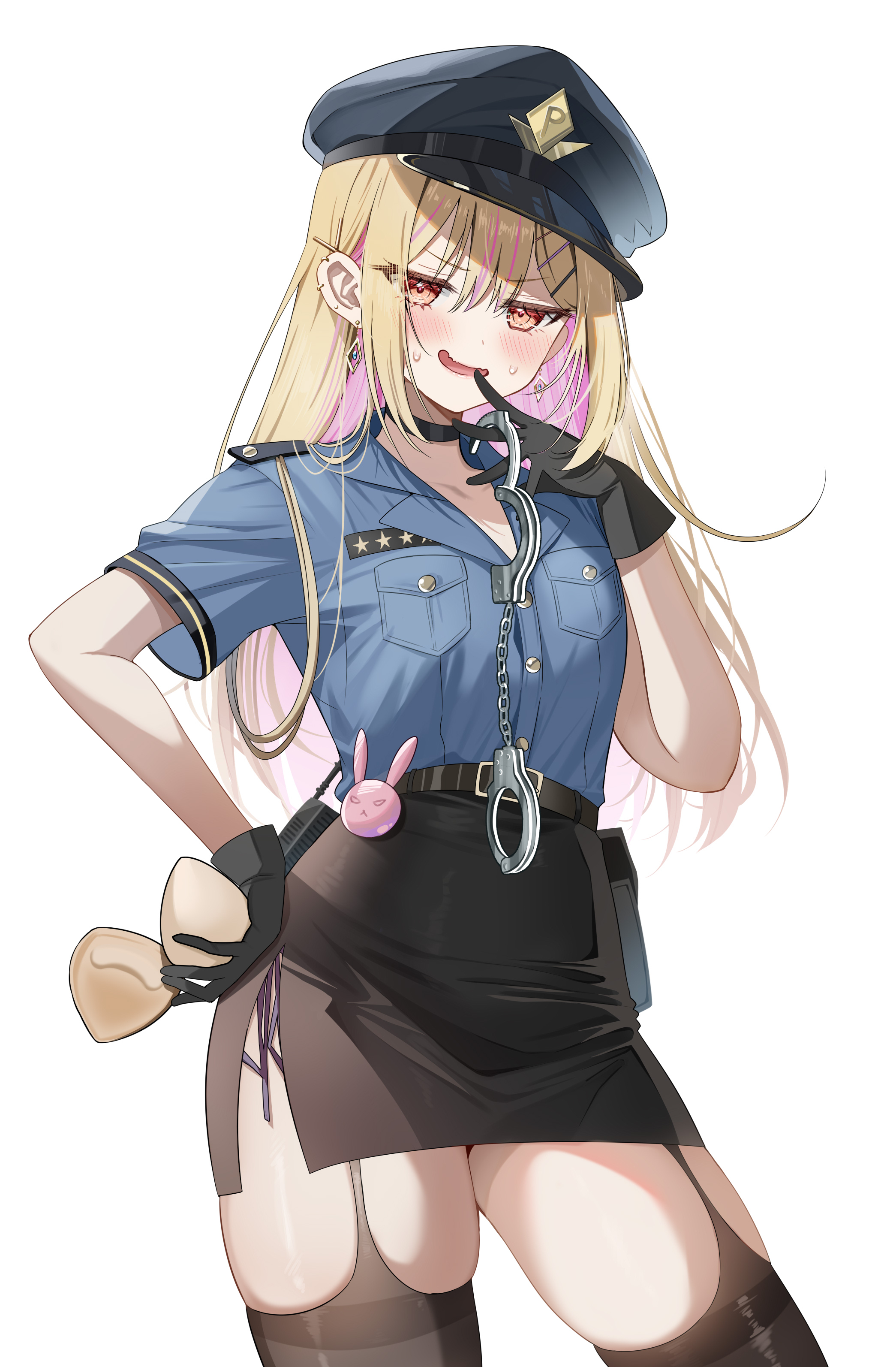 piyopoyo, hisabisa ni atta osananajimi ga iroiro to seichou shiteirunoni nounai dake seichou shiteinakute douyou shiteiru, original, absurdres, highres, 1girl, black choker, black gloves, black hat, black skirt, black thighhighs, blonde hair, blue shirt, blush, breast pocket, breasts, choker, collared shirt, cowboy shot, cuffs, earrings, gal (childhood friend series), gloves, gyaru, hair ornament, hairclip, halloween, hand up, handcuffs, hat, holding, holding handcuffs, jewelry, kogal, large breasts, long hair, looking at viewer, multicolored hair, open mouth, peaked cap, pink hair, pocket, police, police hat, police uniform, policewoman, red eyes, shirt, shirt tucked in, short sleeves, simple background, skirt, smile, solo, streaked hair, thighhighs, thighs, two-tone hair, white background