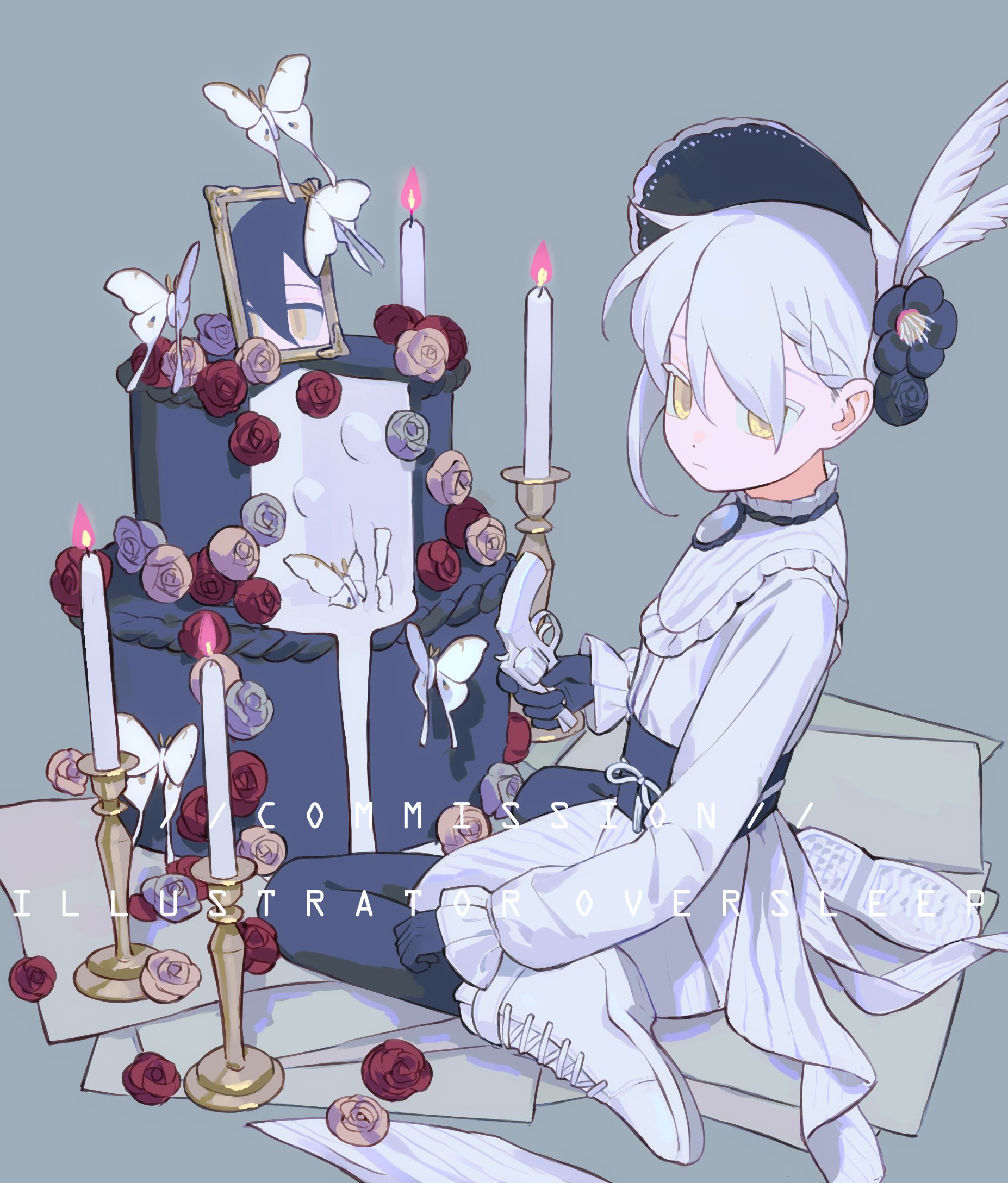 oversleep, original, highres, 1girl, birthday cake, black flower, black gloves, black pantyhose, bonnet, boots, braid, bug, butterfly, cake, candle, candlelight, candlestand, feathers, fire, flower, food, frilled sleeves, frills, gloves, grey background, gun, hair between eyes, hair flower, hair ornament, handgun, hat, hat feather, hat flower, holding, insect, jewelry, lace-up boots, long sleeves, looking back, mirror, pantyhose, pink flower, pink rose, red flower, red rose, rose, shirt, shoes, simple background, single sidelock, sitting, solo, waistband, wariza, weapon, white butterfly, white feathers, white hair, white shirt, white shoes, yellow eyes