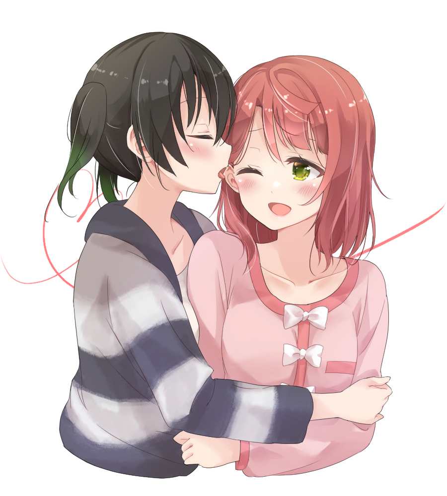 airmilk310, takasaki yu, uehara ayumu, love live!, love live! nijigasaki high school idol club, commentary request, 2girls, black hair, blush, bow, choppy bangs, closed eyes, collarbone, couple, cropped torso, ear licking, green eyes, licking, long sleeves, medium hair, multiple girls, one eye closed, open clothes, open mouth, open shirt, orange hair, pink shirt, shirt, shirt bow, short hair, short twintails, simple background, smile, striped clothes, striped shirt, tongue, tongue out, twintails, white background, white bow, yuri