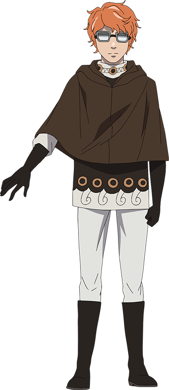 tanino miho, tower of god, official art, 1boy, anime coloring, boots, brown boots, brown capelet, brown gloves, capelet, clenched hand, closed mouth, collared shirt, full body, glasses, gloves, long sleeves, looking at viewer, opaque glasses, open hand, orange hair, outstretched arm, pants, rectangular eyewear, shirt, short hair, simple background, solo, standing, tachi-e, transparent background, traveler (tower of god), white pants