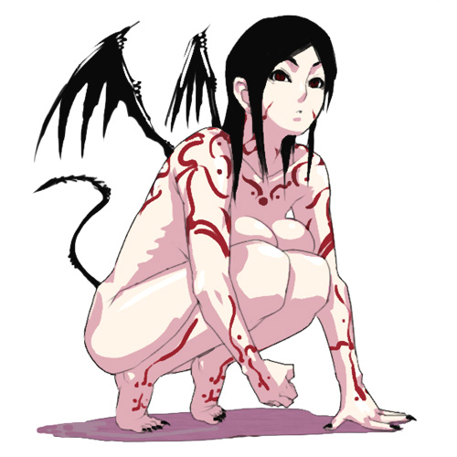 usatarou, original, lowres, 1girl, arm support, barefoot, black hair, black nails, demon, demon girl, female focus, knees to chest, nail polish, nude, solo, squatting, tail, tattoo, wings