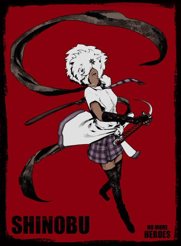 usatarou, shinobu (no more heroes), shinobu jacobs, grasshopper manufacture, no more heroes, 1girl, dark-skinned female, dark skin, female focus, hair over one eye, katana, necktie, scarf, skirt, solo, sword, thighhighs, weapon, white hair