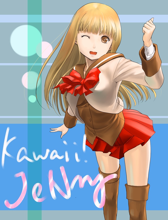 mak, 1girl, female focus, one eye closed, school uniform, serafuku, solo, thighhighs, wink