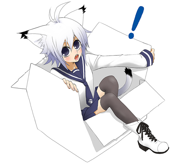 takano saki, original, silver hair, !, ahoge, animal ears, ankle boots, black socks, blue eyes, boots, box, cat ears, cat tail, in box, in container, kneehighs, lace-up boots, necktie, open mouth, school uniform, serafuku, simple background, socks, solo, tail, thighhighs