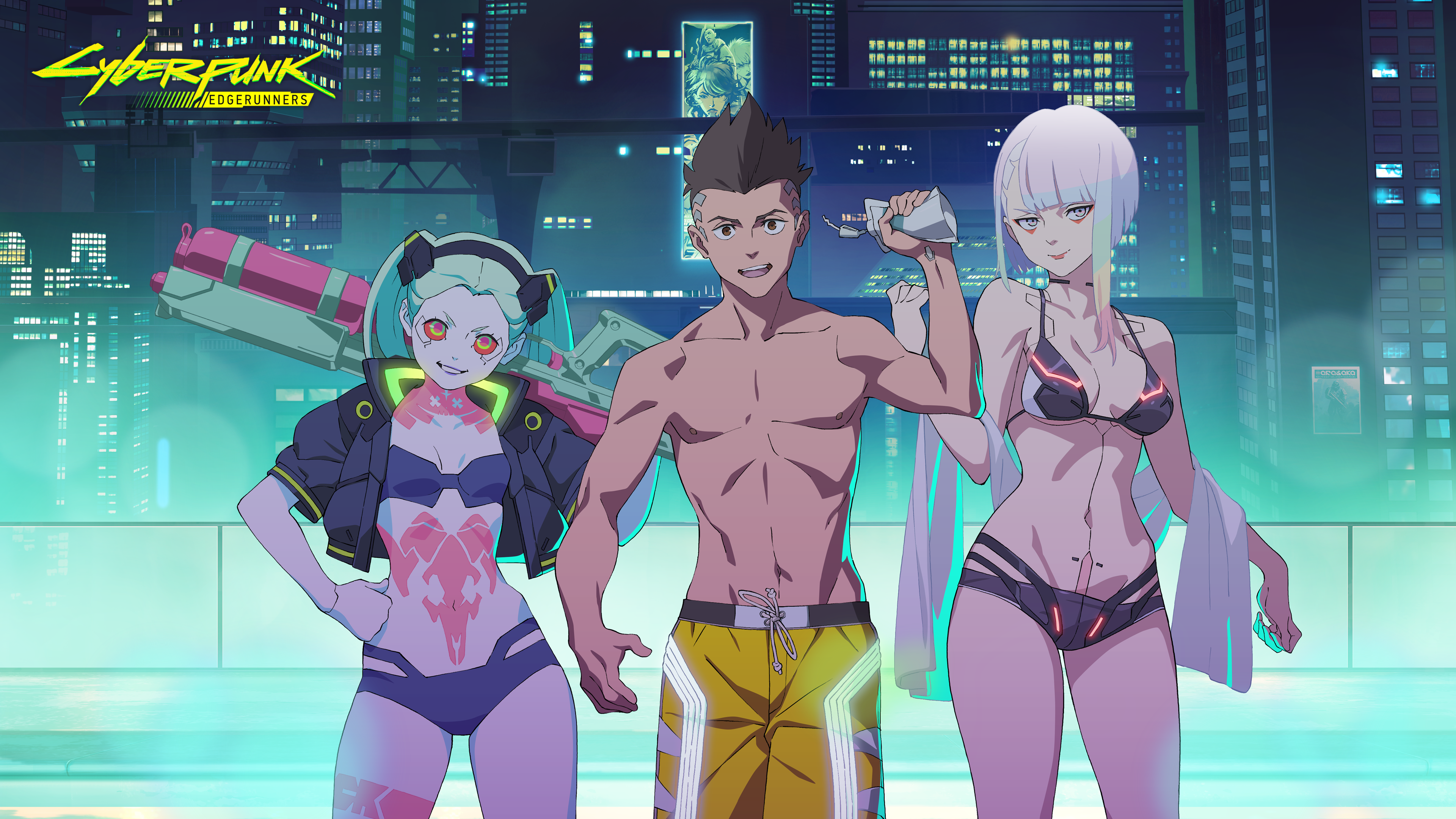 hagano yoshifumi, david martinez, lucy (cyberpunk), rebecca (cyberpunk), cd projekt red, cyberpunk: edgerunners, cyberpunk (series), trigger (company), absurdres, highres, official art, second-party source, 1boy, 2girls, bikini, black bikini, breasts, holding juice box, jacket, looking at viewer, multiple girls, night, open clothes, open jacket, pool, shorts, smile, swimsuit, water gun, yellow shorts