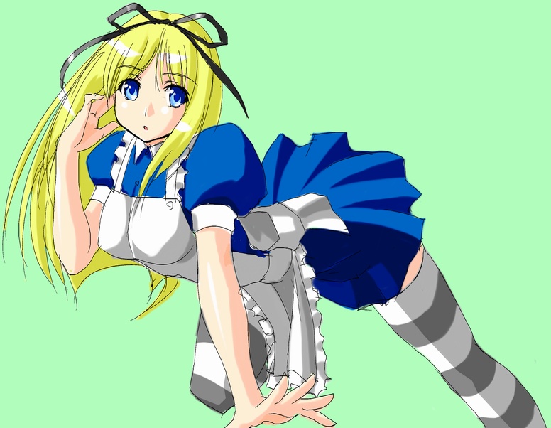 mak, alice (alice in wonderland), alice's adventures in wonderland, 1girl, apron, blonde hair, blue eyes, dress, female focus, ribbon, solo, thighhighs