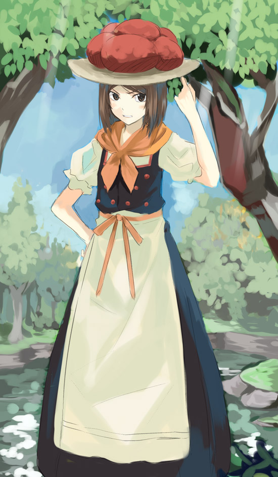 kabocha, kabocha (monkey4), original, 1girl, apron, brown eyes, brown hair, female focus, short hair, solo, tree