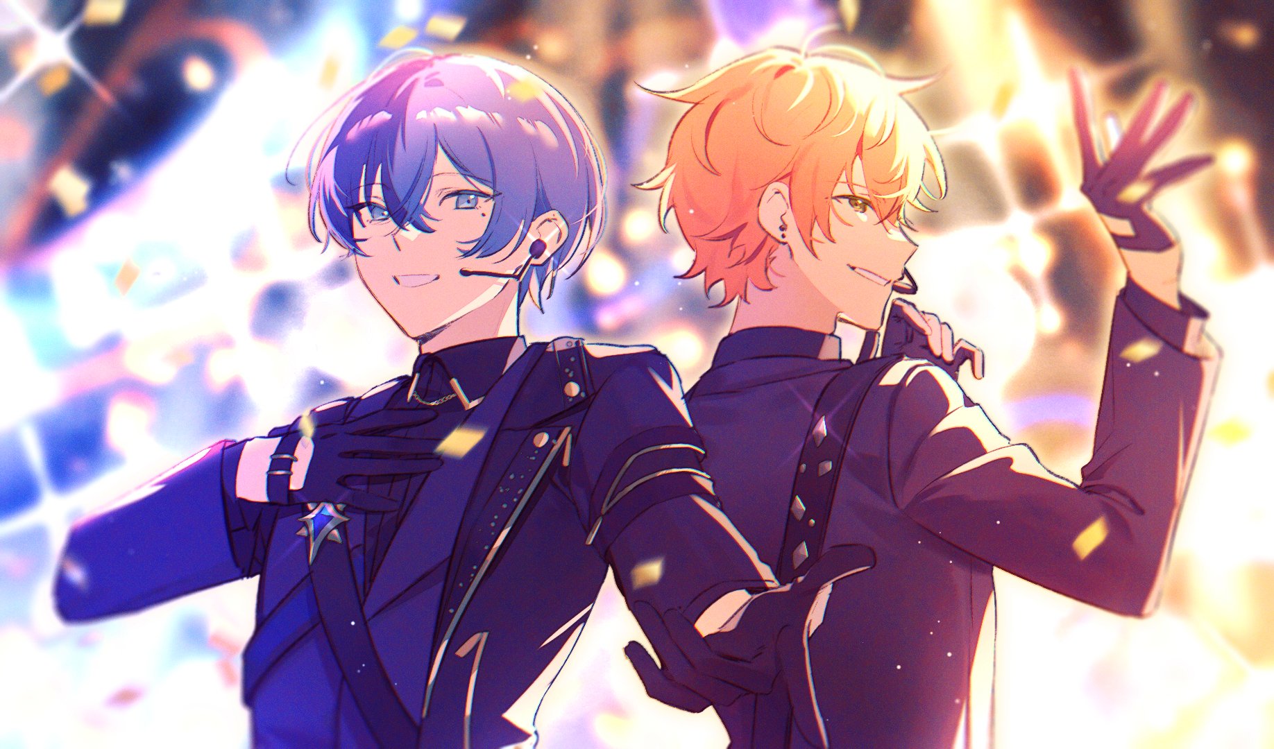 slc yh, aoyagi touya, shinonome akito, project sekai, chinese commentary, commentary request, highres, 2boys, black gloves, blue eyes, blue hair, collared shirt, confetti, gloves, green eyes, hand on own chest, hand up, hands up, headset, long sleeves, male focus, mole, mole under eye, multicolored hair, multiple boys, official alternate costume, orange hair, outstretched hand, shirt, short hair, smile, split-color hair, teeth, two-tone hair, upper body
