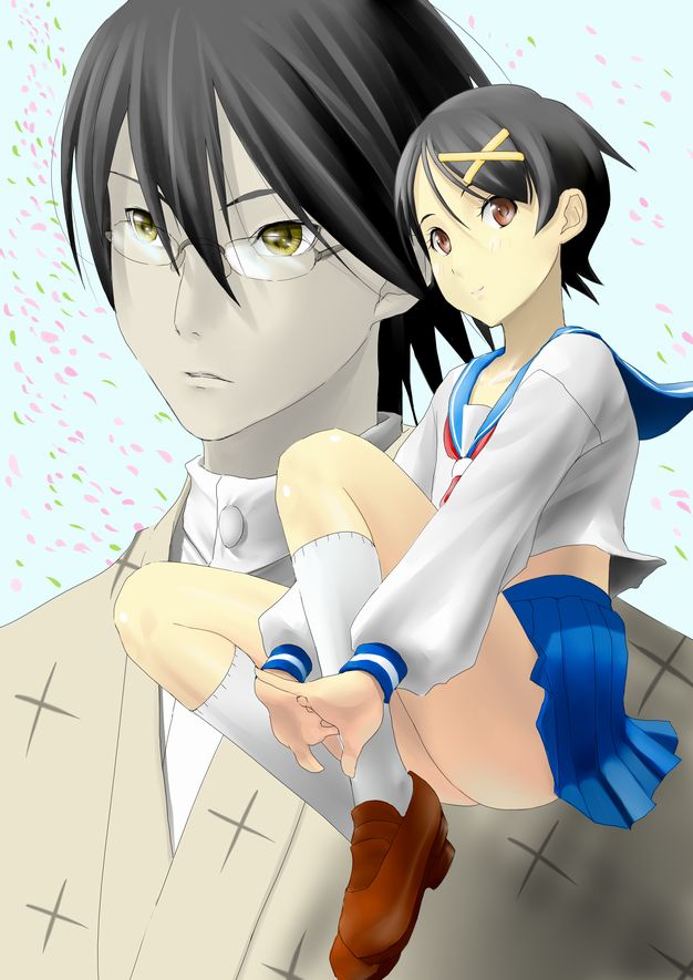 fuura, mak, fuura kafuka, itoshiki nozomu, sayonara zetsubou sensei, 00s, 1boy, 1girl, legs, school uniform, serafuku, skirt