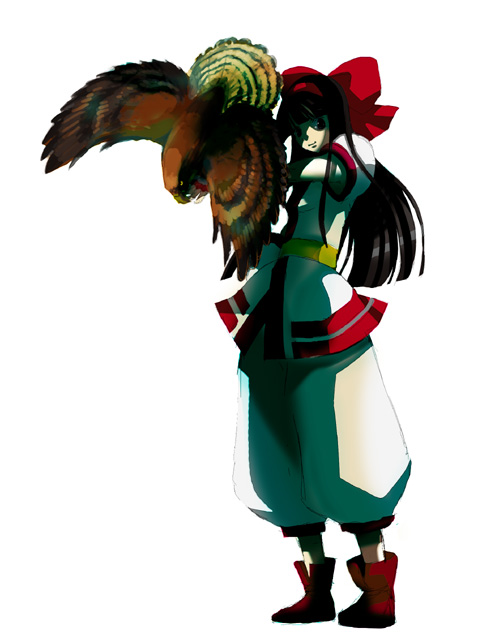 yakisake, mamahaha, nakoruru, samurai spirits, snk, 1girl, ainu clothes, bird, bird on hand, black eyes, black hair, bow, female focus, hair ribbon, long hair, red bow, ribbon, smile, solo