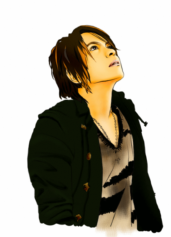 hyde (l'arc~en~ciel), l'arc~en~ciel, 1boy, black eyes, brown hair, hyde, j-rock, jacket, long sleeves, looking up, male focus, musician, realistic, short hair, solo