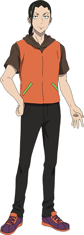 tanino miho, tower of god, official art, 1boy, anime coloring, black eyes, black pants, brown hood, brown shirt, clenched hand, closed mouth, edin dan, full body, hand on own hip, hood, hood down, hooded shirt, looking at viewer, low ponytail, open hand, orange vest, palms, pants, ponytail, purple shoes, shirt, shoes, short hair, short sleeves, simple background, smile, solo, spread fingers, standing, tachi-e, transparent background, tsurime, vest