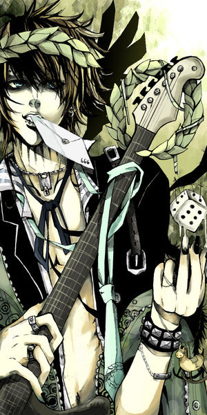death (entity), original, 1boy, brown hair, death, dice, guitar, instrument, letter, mail, male focus, note, punk, solo